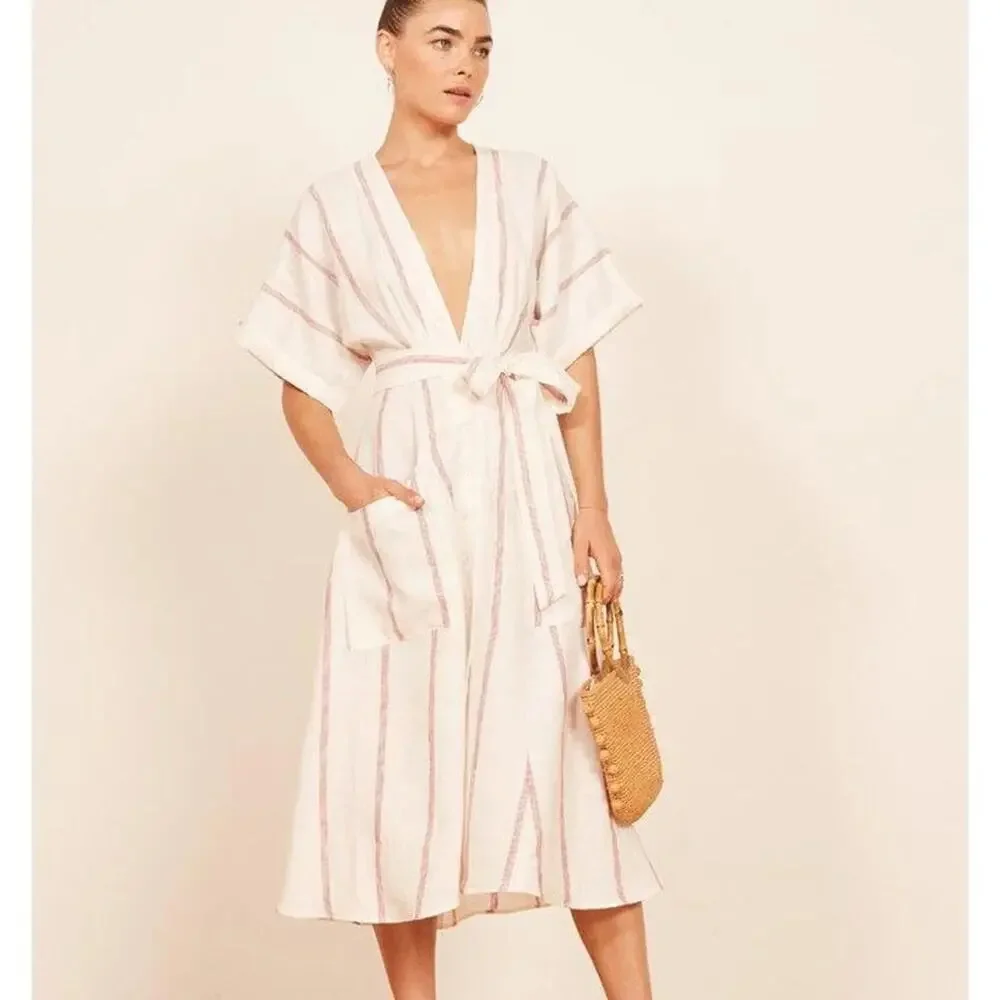 NWT • Reformation Red and Cream Geneva Dress Linen Size: 0